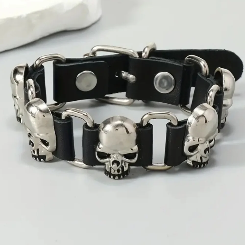 Silvertone Skull Black Leather Bracelet